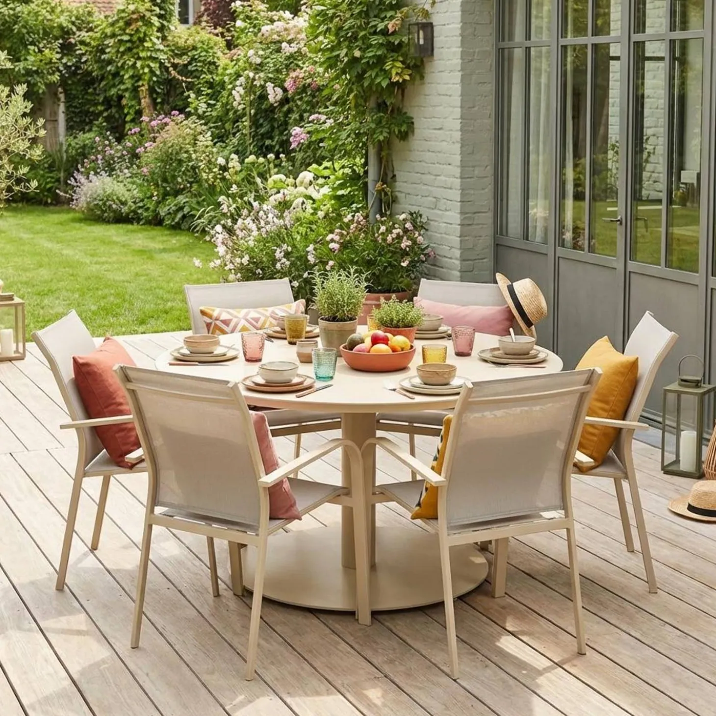 Round garden table Ø140cm aluminium + 6 chairs