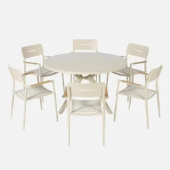 Round garden table Ø140cm aluminium and glass + 6 armchairs