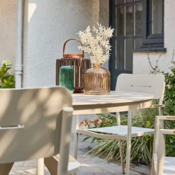 Round garden table Ø140cm aluminium and glass + 6 armchairs
