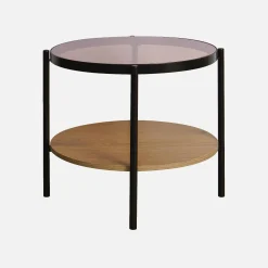 Round side table with tempered glass and wood effect