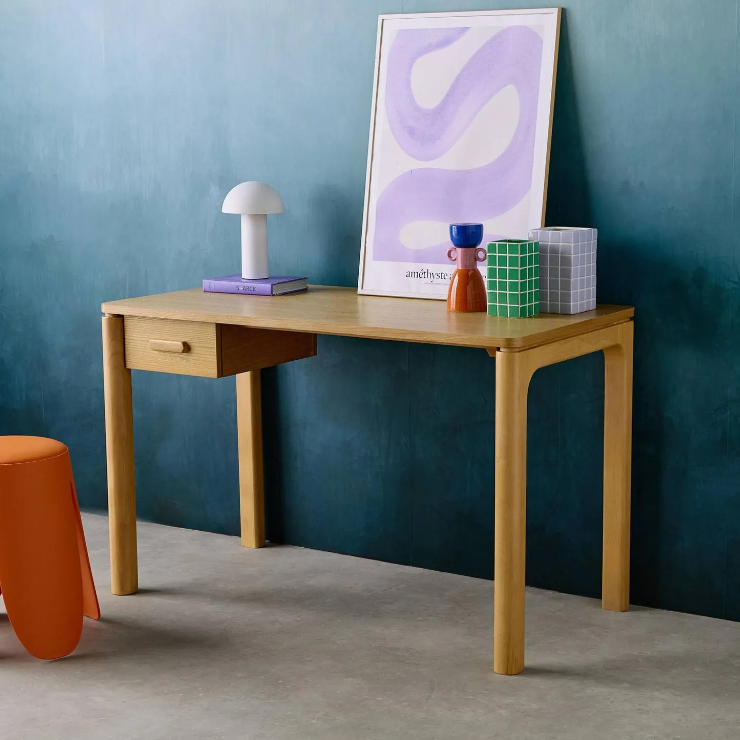 Rubberwood desk oak veneer 1 drawer