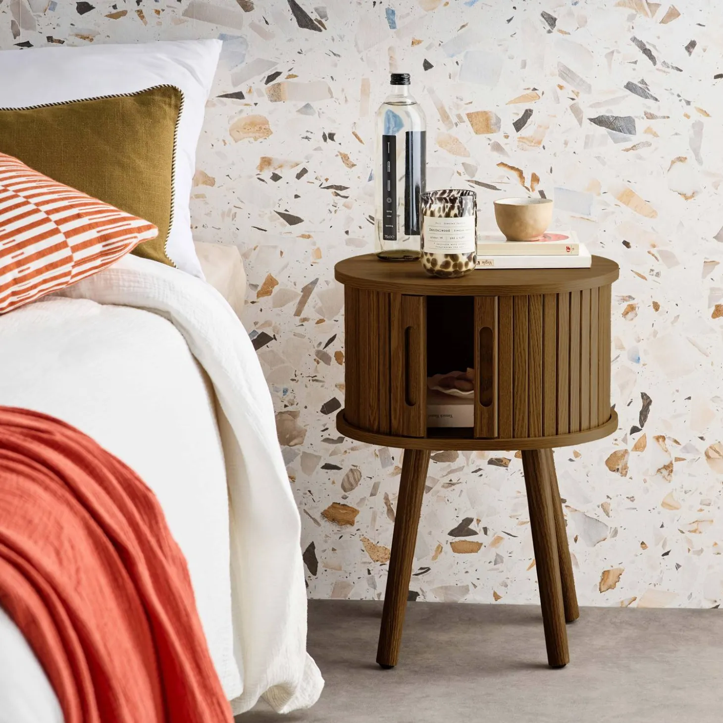 Scandinavian bedside table wood decor 2 sliding doors