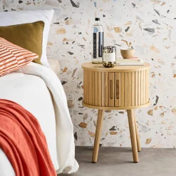 Scandinavian bedside table wood decor 2 sliding doors