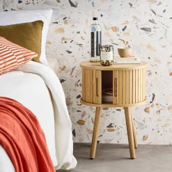 Scandinavian bedside table wood decor 2 sliding doors