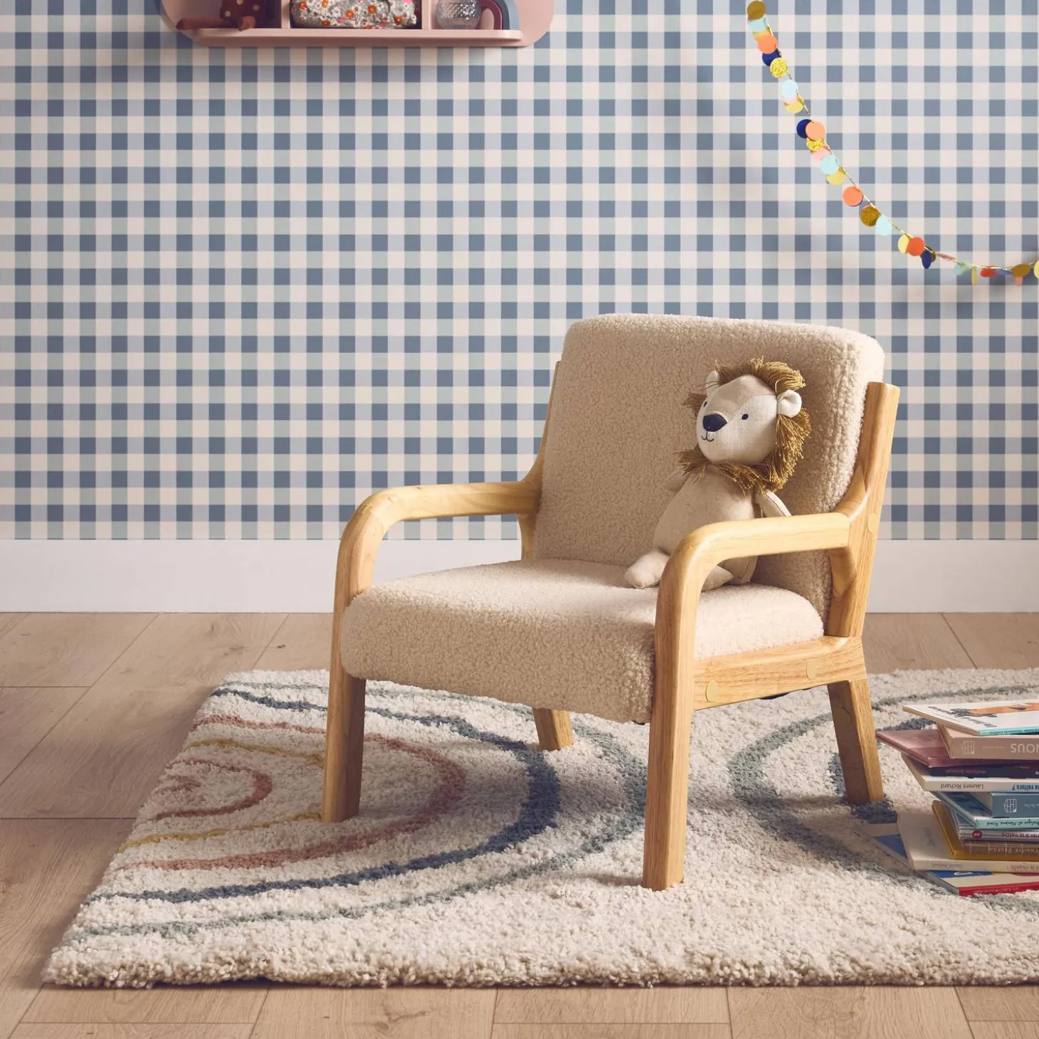 Scandinavian children's armchair in wood and bouclette fabric