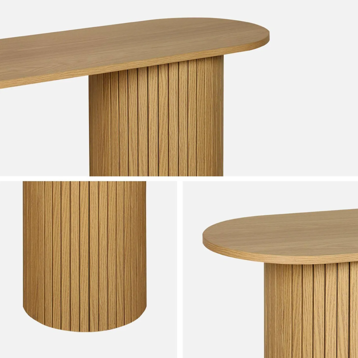 Scandinavian oval console with grooved wooden effect
