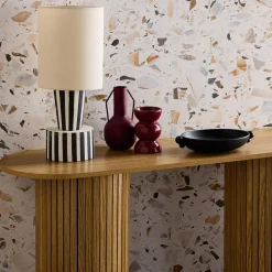 Scandinavian oval console with grooved wooden effect