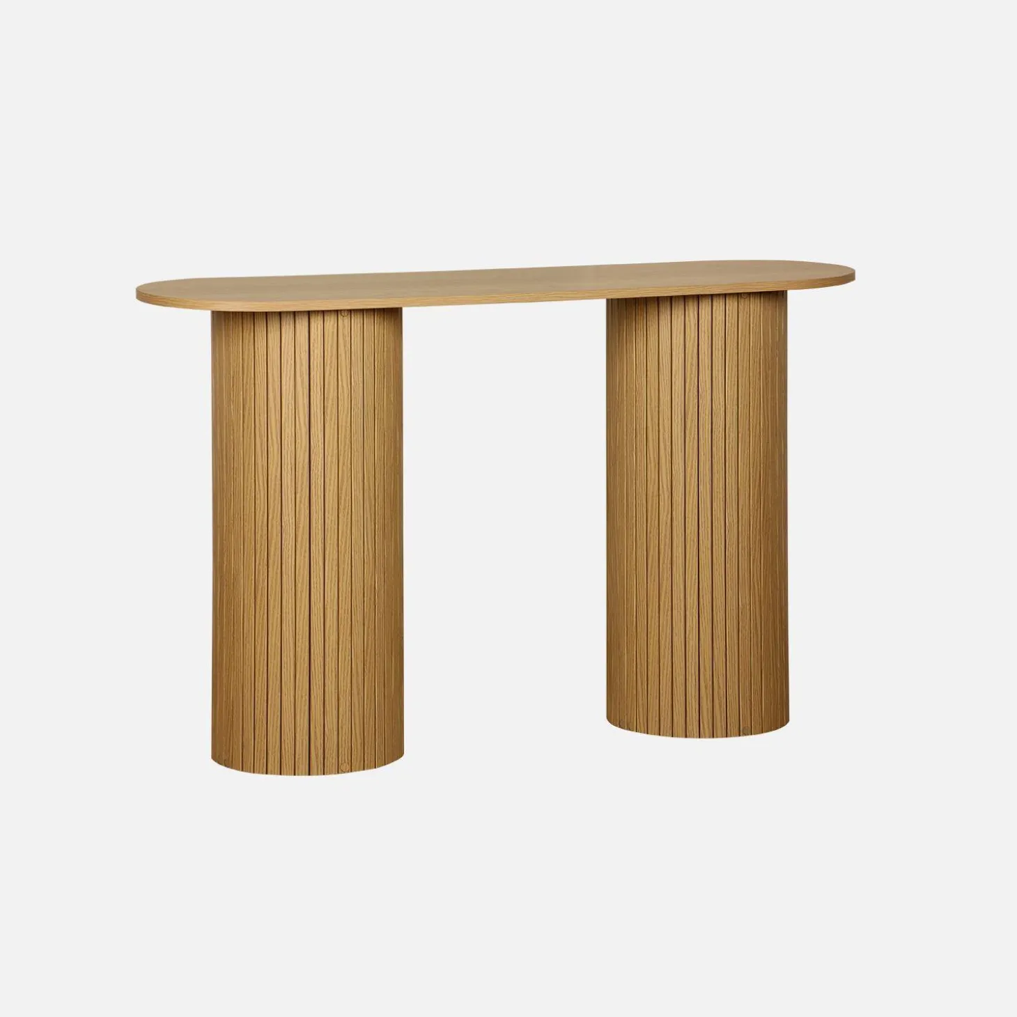Scandinavian oval console with grooved wooden effect