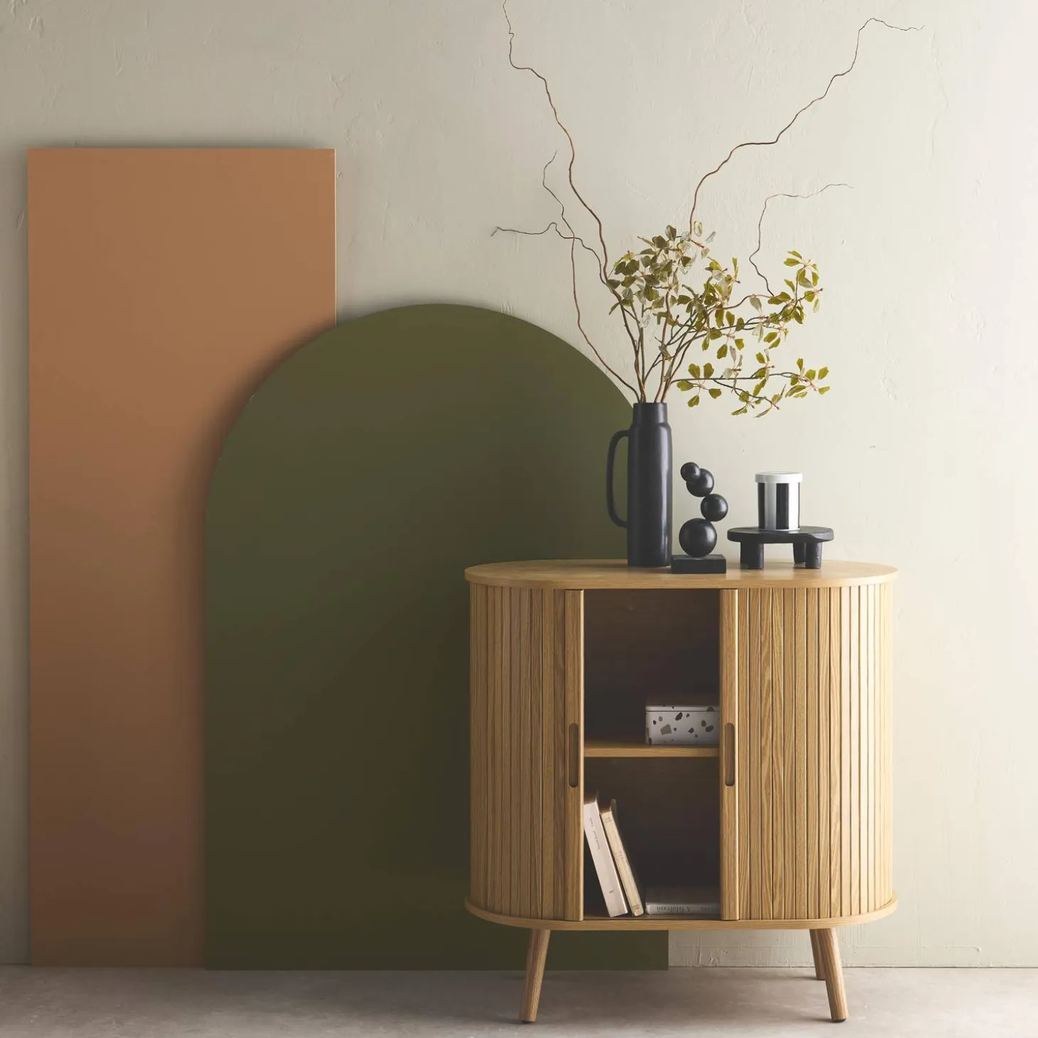Scandinavian sideboard grooved wood effect 2 sliding doors 80cm