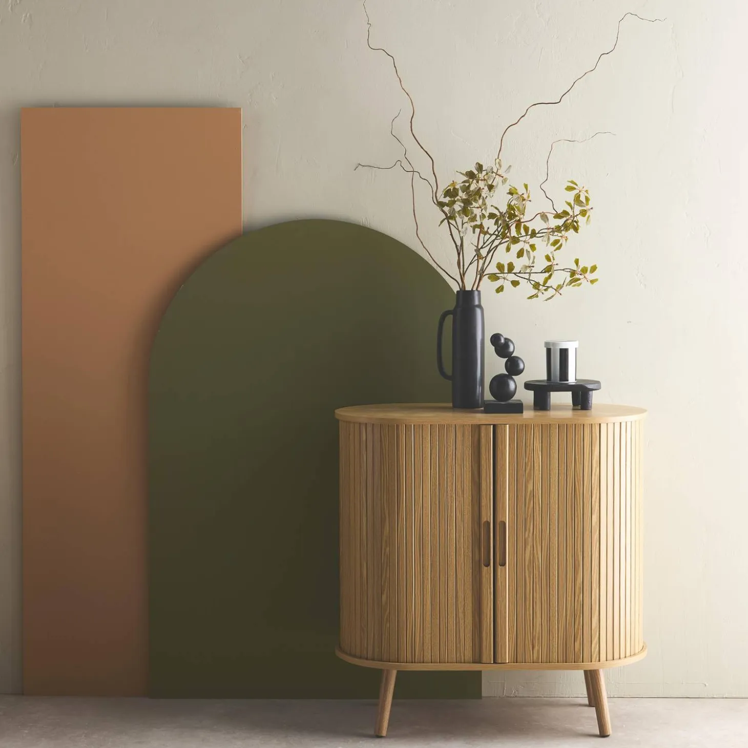 Scandinavian sideboard grooved wood effect 2 sliding doors 80cm