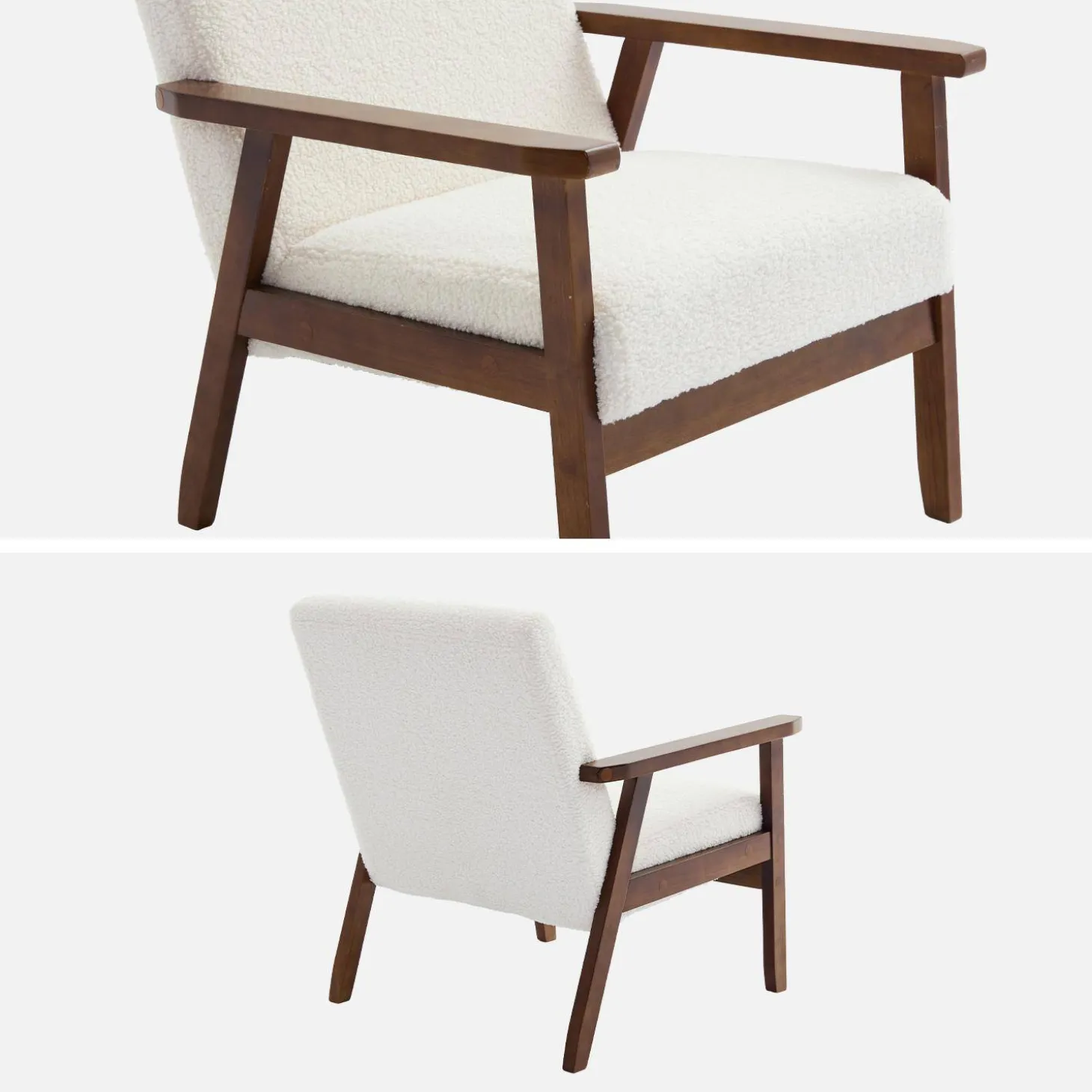 Scandi-style armchair in boucle fabric & walnut-stained wood frame