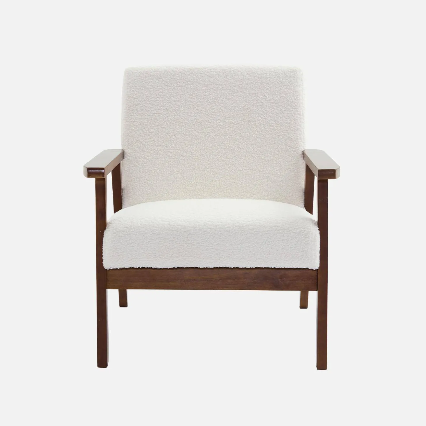 Scandi-style armchair in boucle fabric & walnut-stained wood frame