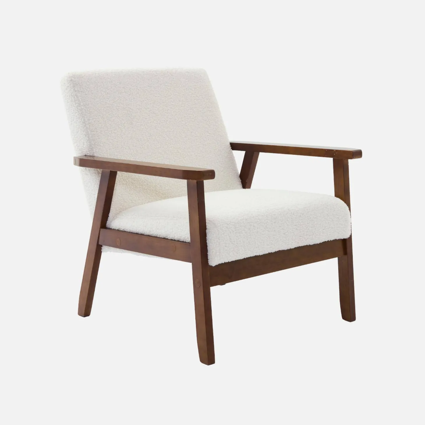 Scandi-style armchair in boucle fabric & walnut-stained wood frame