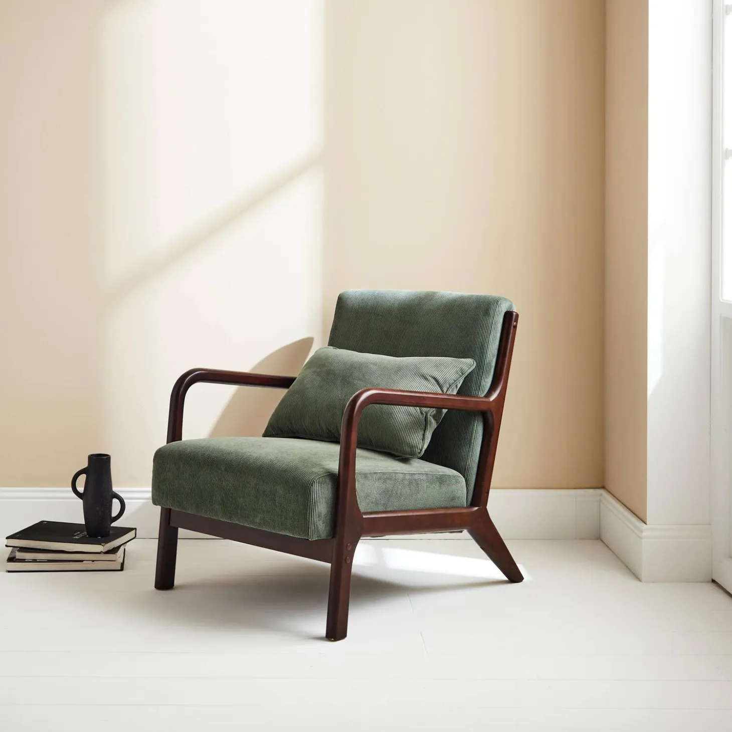 Scandi-style armchair in fine corduroy and hevea wood