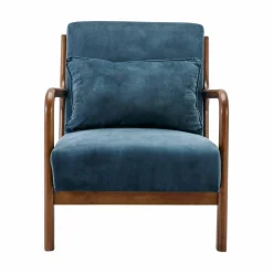 Scandi-style armchair in velvet and light walnut-stained hevea wood