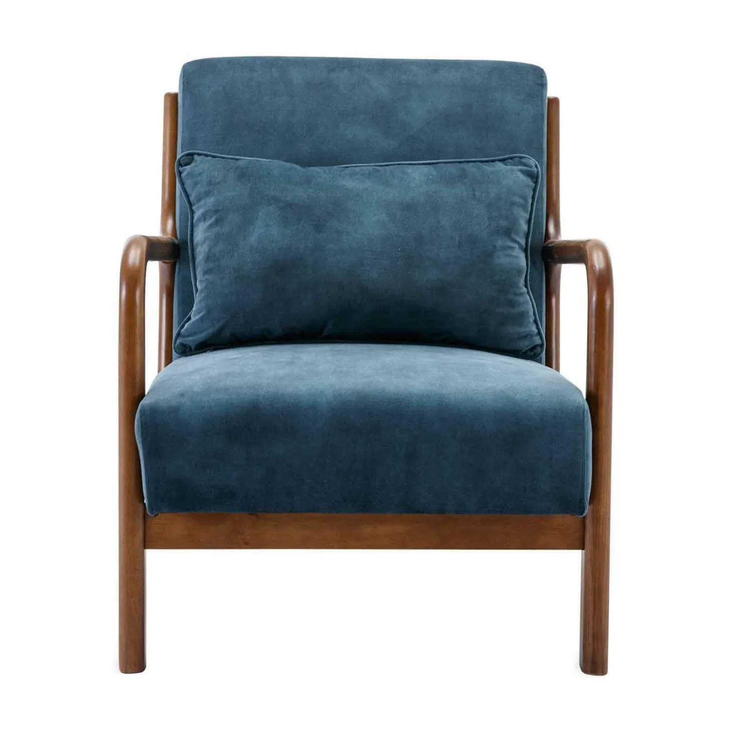 Scandi-style armchair in velvet and light walnut-stained hevea wood