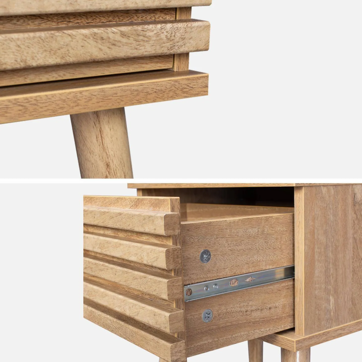 Scandi-style bedside table with grooved wooden effect