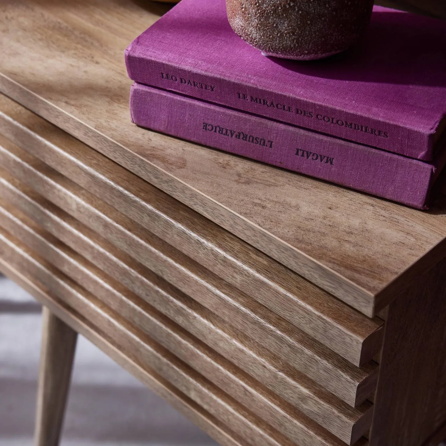 Scandi-style bedside table with grooved wooden effect
