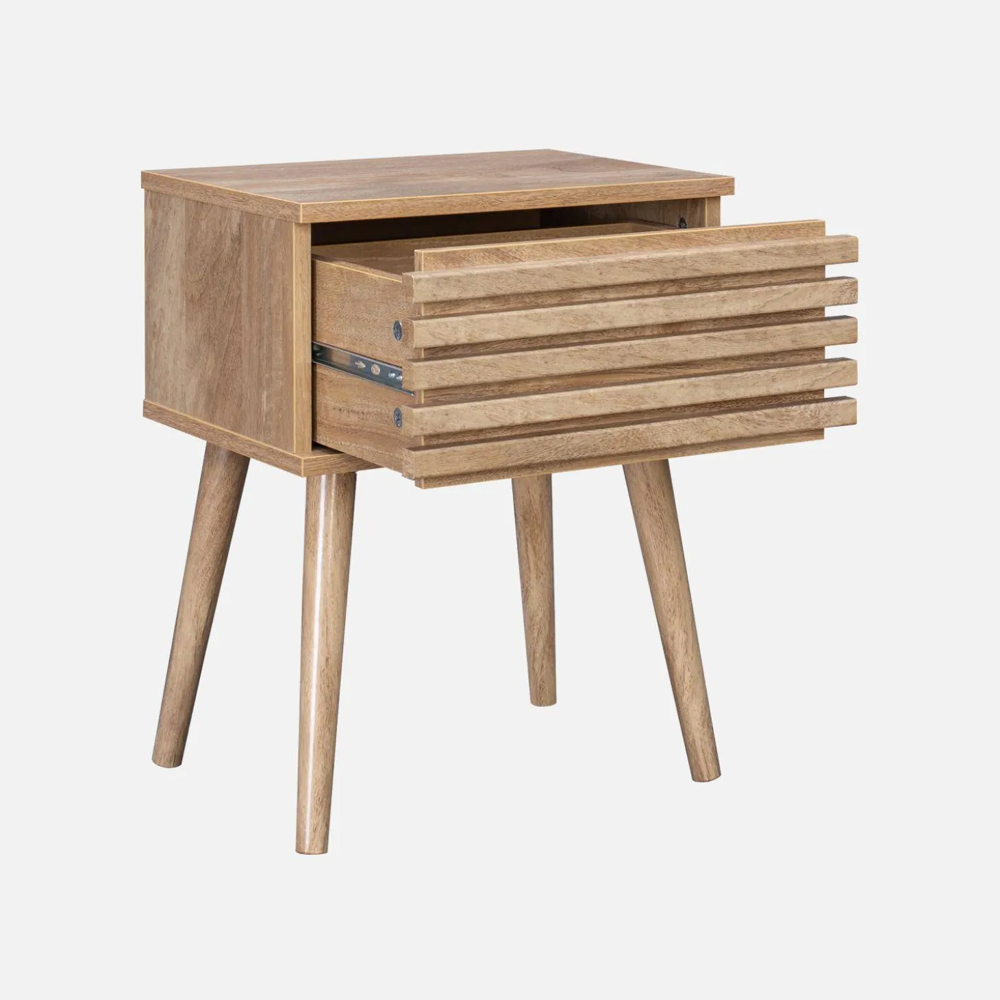 Scandi-style bedside table with grooved wooden effect