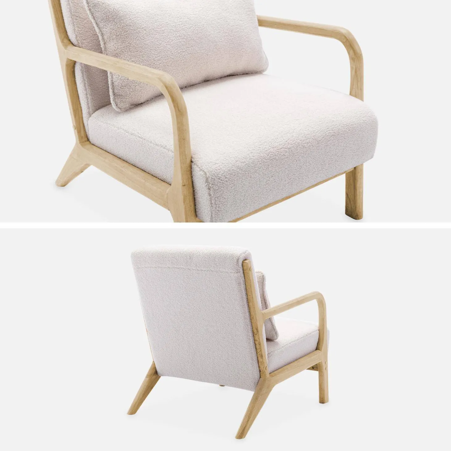 Scandi-style boucle wooden armchair with cushion
