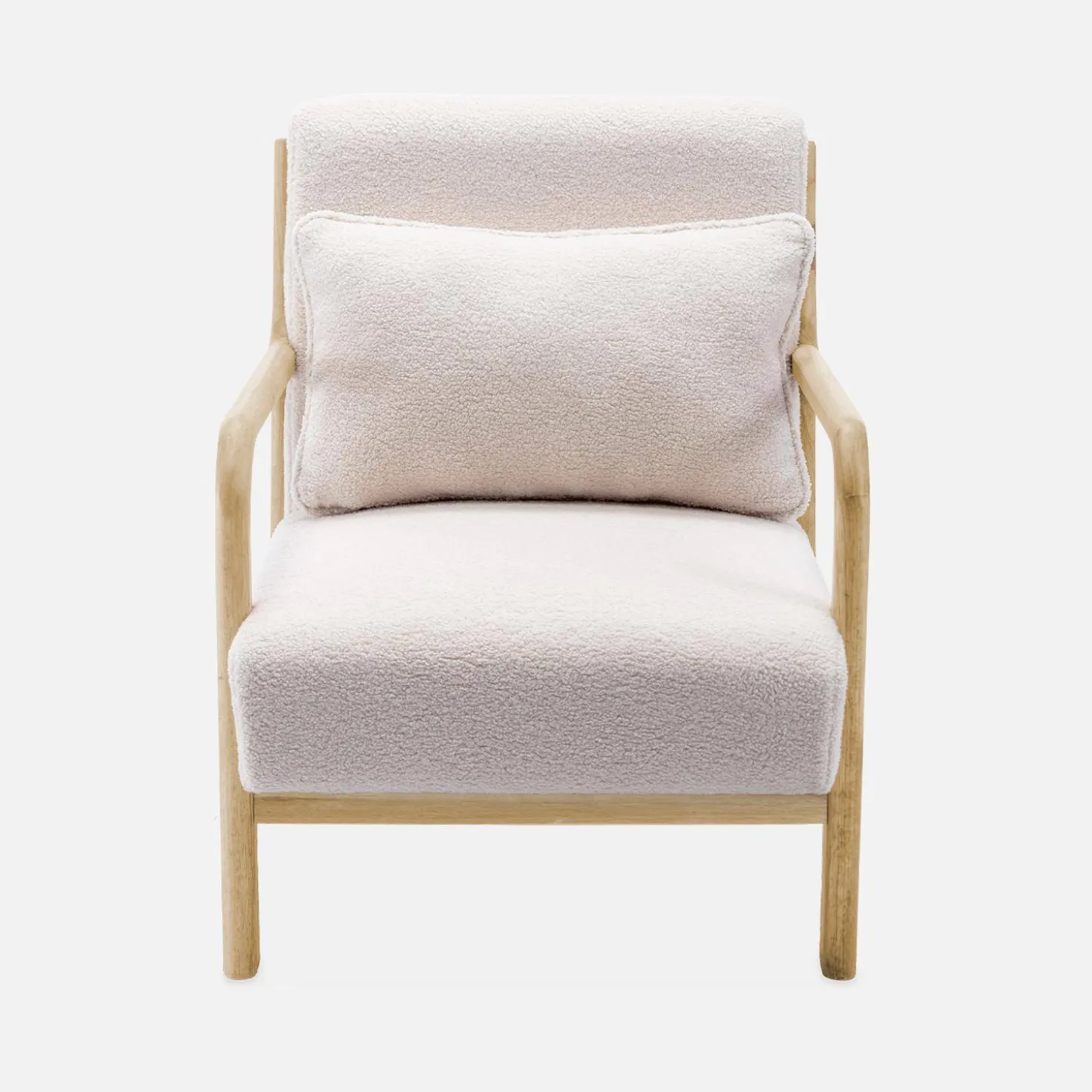 Scandi-style boucle wooden armchair with cushion