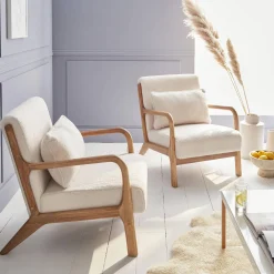 Scandi-style boucle wooden armchair with cushion