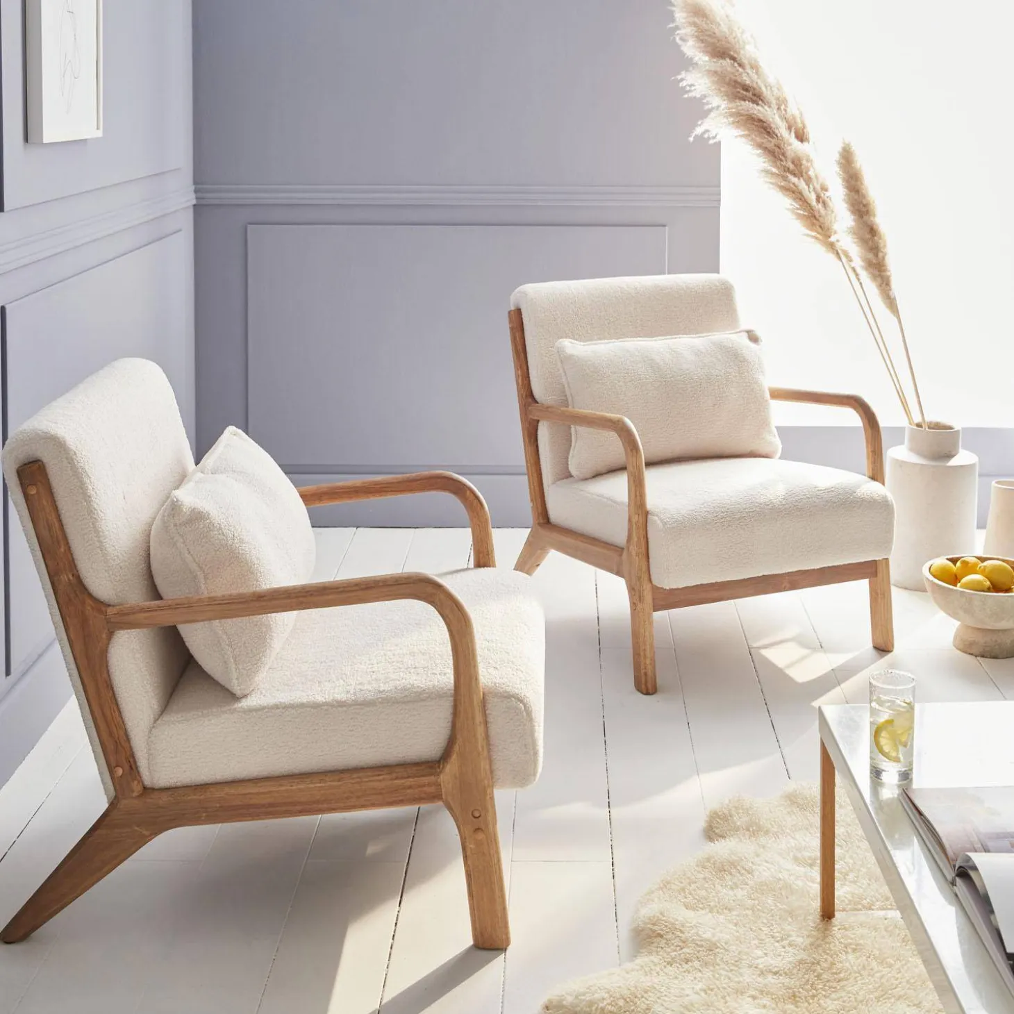 Scandi-style boucle wooden armchair with cushion