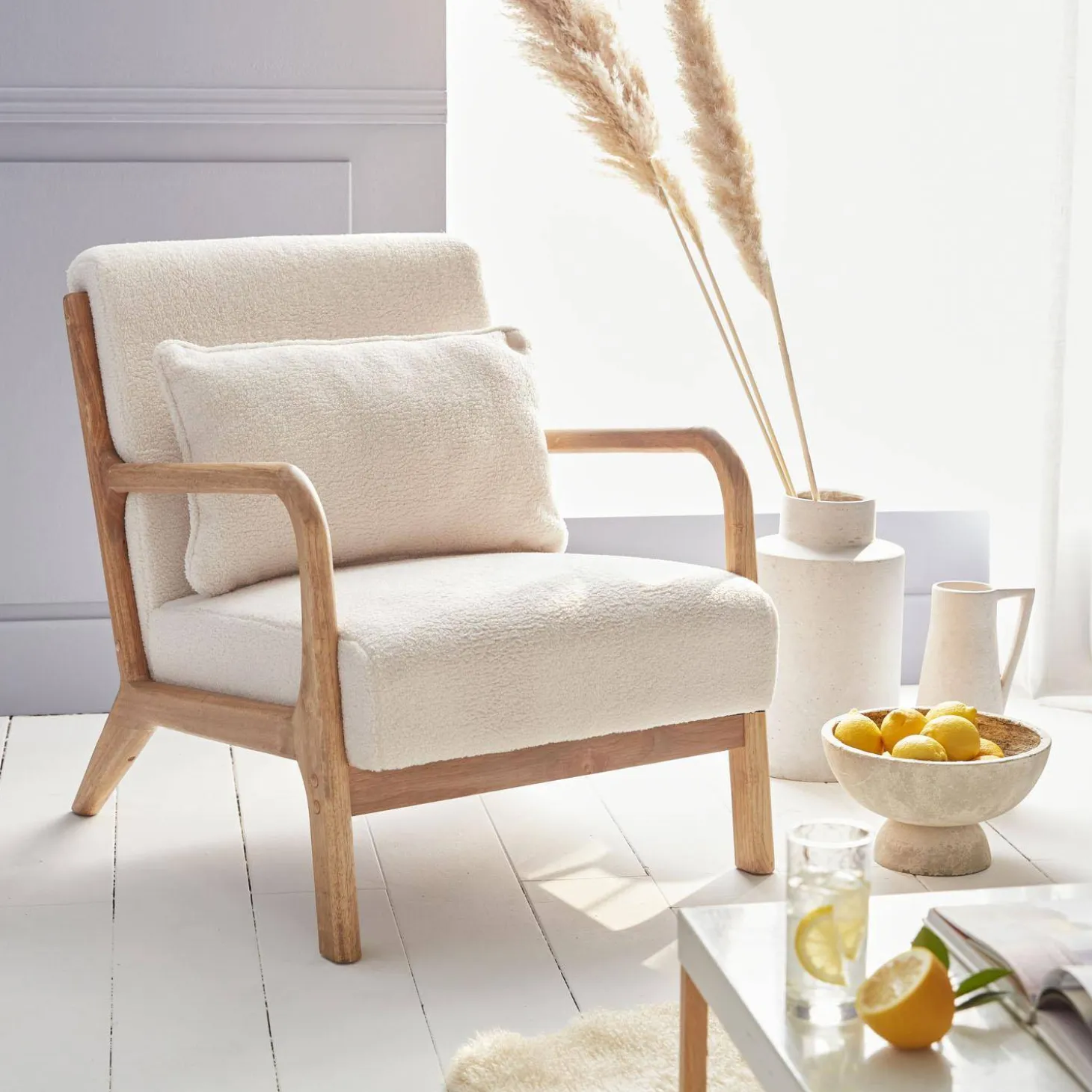 Scandi-style boucle wooden armchair with cushion