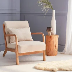 Scandi-style wooden armchair with cushion