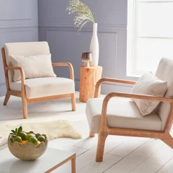 Scandi-style wooden armchair with cushion
