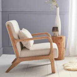 Scandi-style wooden armchair with cushion