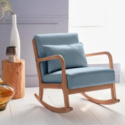 Scandi-style wooden rocking chair with cushion