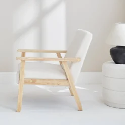 Scandi-style wood frame armchair in boucle fabric