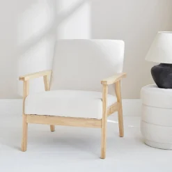 Scandi-style wood frame armchair in boucle fabric
