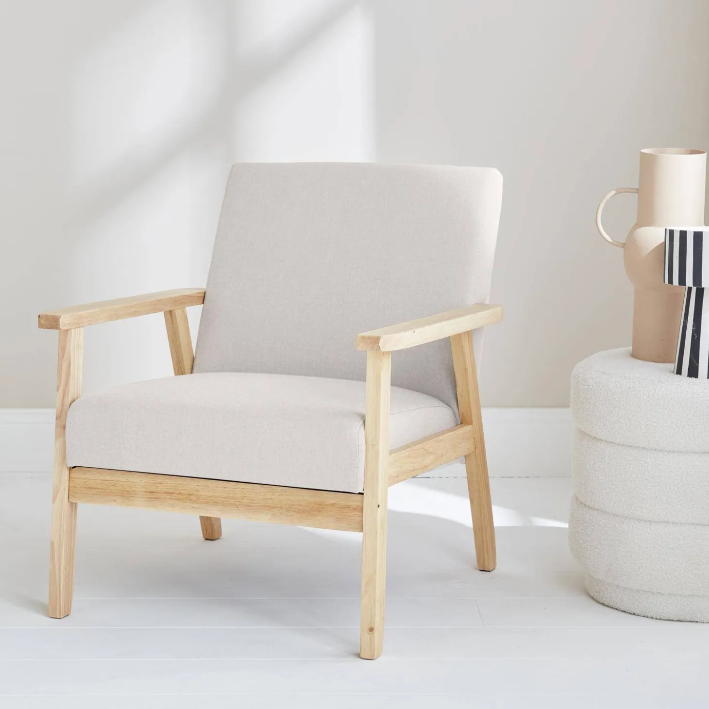 Scandi-style wood frame upholstered armchair