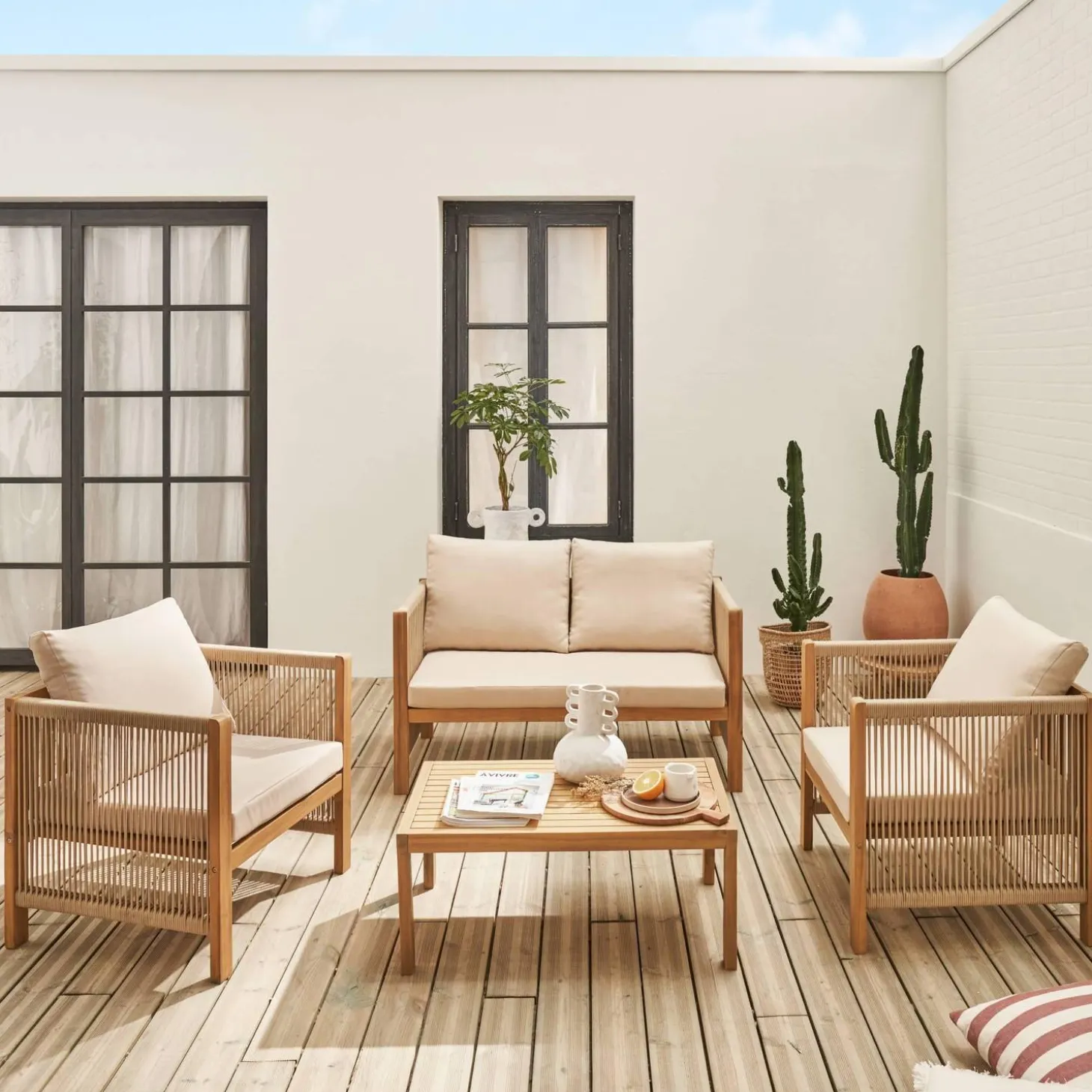 4-seater acacia wood and rope garden sofa set