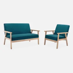 3-seater bench and armchair in wood and fabric
