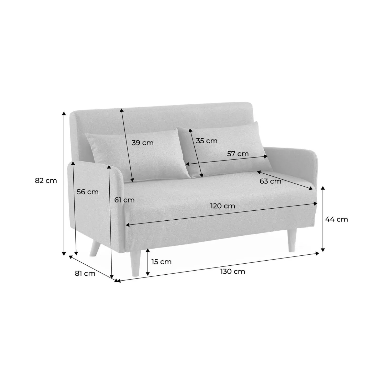 2-seater convertible sofa bed with reclining backrest