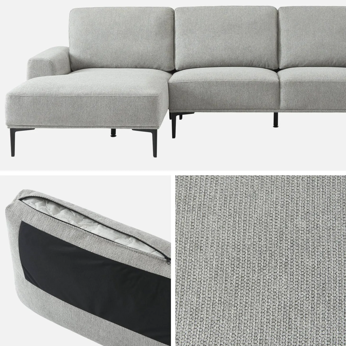 3-seater corner sofa, left-hand in fabric and metal