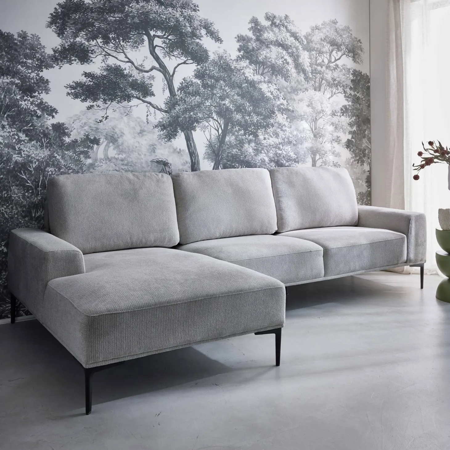 3-seater corner sofa, left-hand in fabric and metal