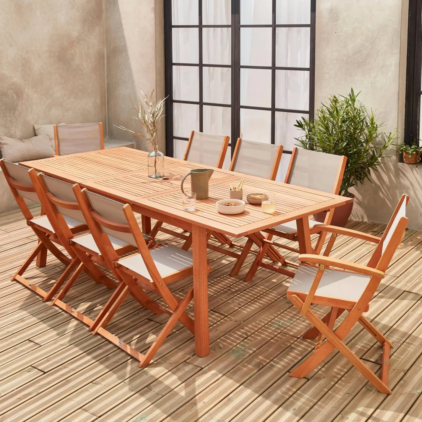 8-seater extendable wooden garden table set with 8 chairs