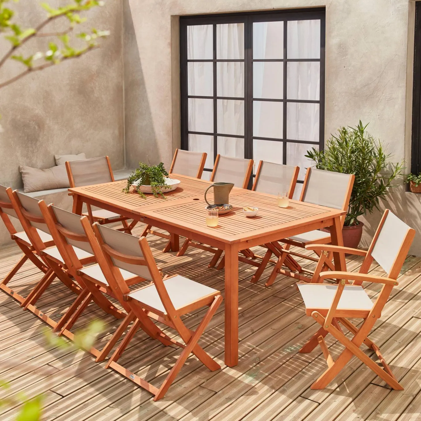 10-seater extendable wooden garden table set with chairs