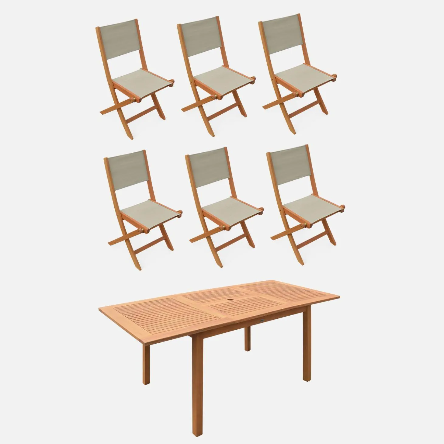 6-seater extendable wooden garden table with 6 textilene chairs