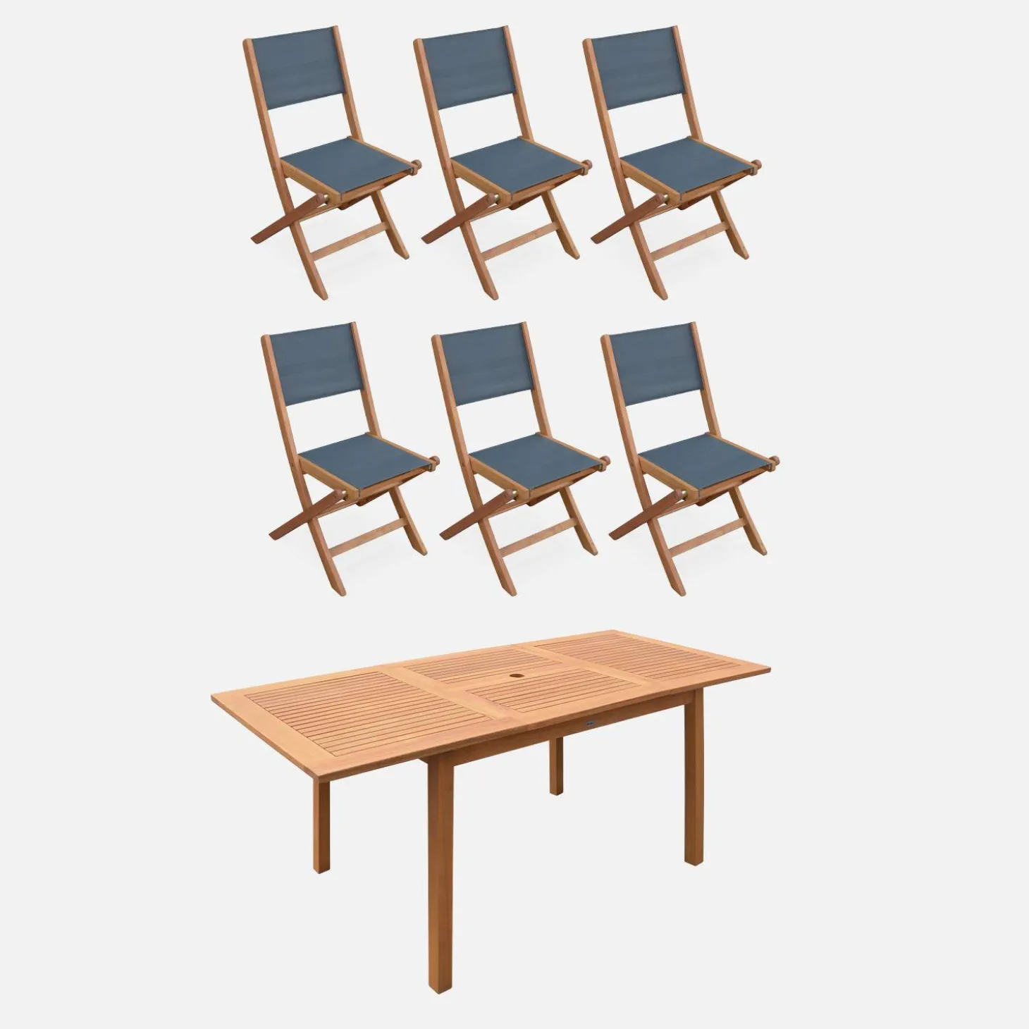 6-seater extendable wooden garden table with 6 textilene chairs
