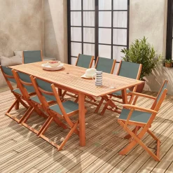 8-seater extendable wooden garden table set with 8 chairs