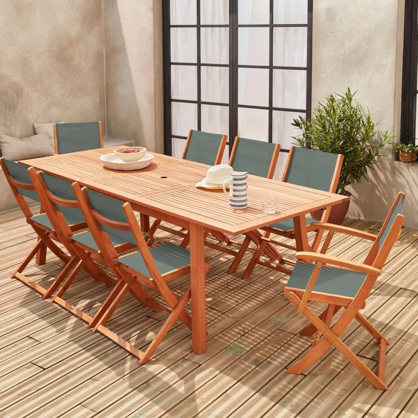 8-seater extendable wooden garden table set with 8 chairs