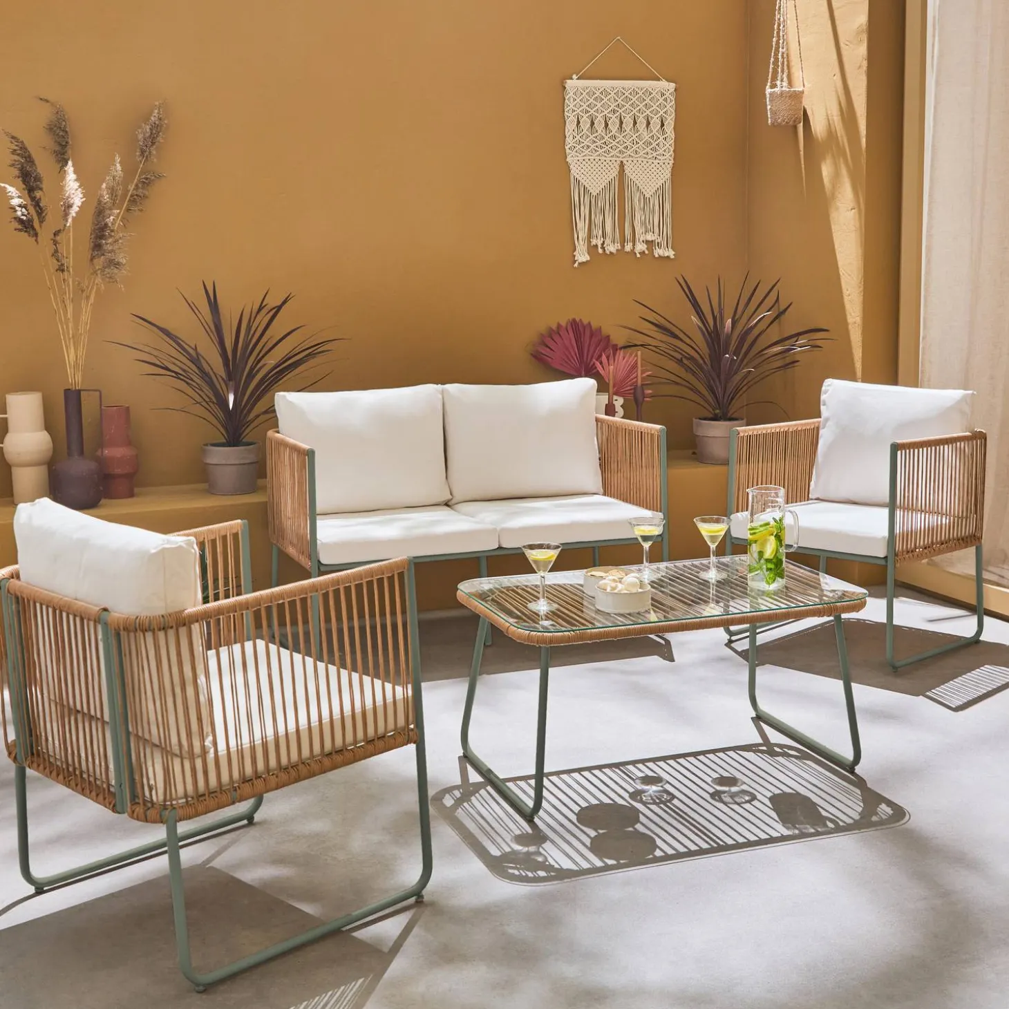 4-seater garden sofa set with plastic ropes in galvanised steel