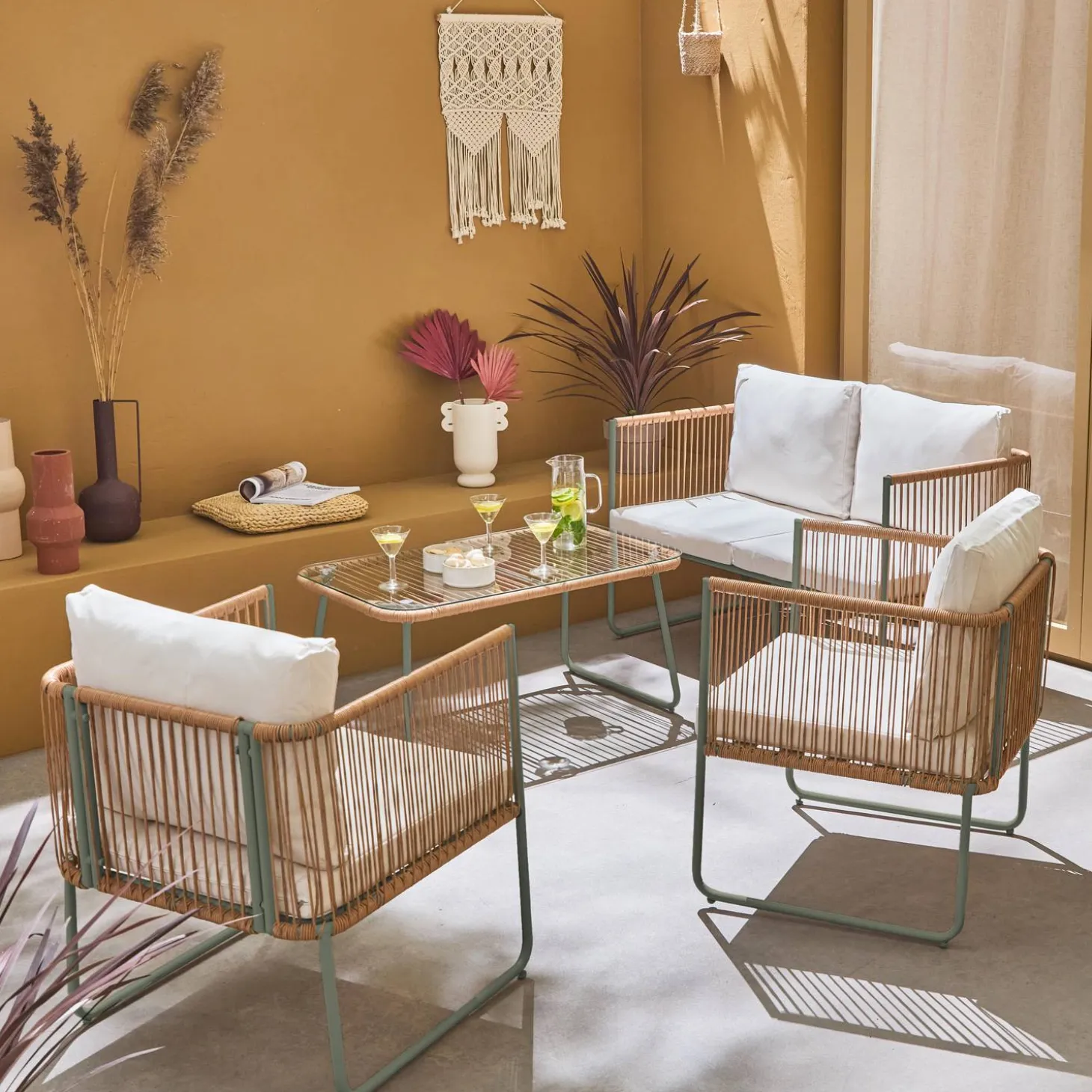 4-seater garden sofa set with plastic ropes in galvanised steel