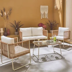 4-seater garden sofa set with plastic ropes in galvanised steel