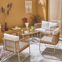 4-seater garden sofa set with plastic ropes in galvanised steel